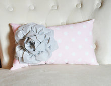 Load image into Gallery viewer, Decorative Lumbar Pillow Gray Dahlia on Light Pink and White Polka Dot Lumbar Pillow 9 x 16 - Daisy Manor