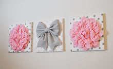 Load image into Gallery viewer, Three Light Pink Dahlias and Gray Bow on Polka Dot Canvases - Daisy Manor