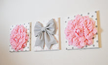 Load image into Gallery viewer, Three Light Pink Dahlias and Gray Bow on Polka Dot Canvases - Daisy Manor