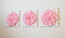 Load image into Gallery viewer, Three Light Pink Dahlias on White with Gray Polka Dot Canvases - Daisy Manor