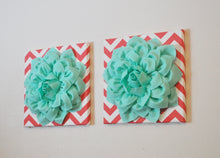 Load image into Gallery viewer, Two Wall Flowers -Mint Dahlia Flowers on Coral and White Chevron 12 x12" Canvas Wall Art- Baby Nursery Wall Decor- - Daisy Manor
