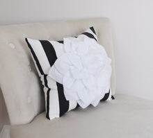 Load image into Gallery viewer, White Dahlia Flower on Black and White Stripe Pillow - Daisy Manor