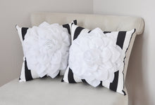 Load image into Gallery viewer, White Dahlia Flower on Black and White Stripe Pillow - Daisy Manor