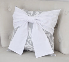 Load image into Gallery viewer, Throw Pillow White Bow on a Gray and White Damask Pillow 14x14 -White Pillow- - Daisy Manor