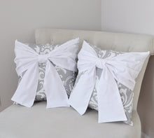 Load image into Gallery viewer, Throw Pillow White Bow on a Gray and White Damask Pillow 14x14 -White Pillow- - Daisy Manor