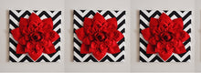 Load image into Gallery viewer, Three Red Wall Flowers -Red Dahlias on Black and White Chevron 12 x12" Canvases Wall Art- Baby Nursery Wall Decor- - Daisy Manor