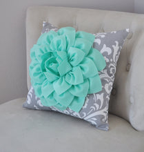 Load image into Gallery viewer, Mint Green Dahlia on Gray Damask Pillow - Decorative Pillow - Ozborne Pillow - - Daisy Manor