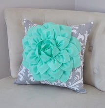 Load image into Gallery viewer, Mint Green Dahlia on Gray Damask Pillow - Decorative Pillow - Ozborne Pillow - - Daisy Manor