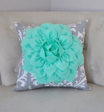 Load image into Gallery viewer, Mint Green Dahlia on Gray Damask Pillow - Decorative Pillow - Ozborne Pillow - - Daisy Manor