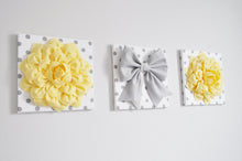 Load image into Gallery viewer, Three Light Yellow Dahlias and Gray Bow on Polka Dot Canvases - Daisy Manor