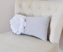 Load image into Gallery viewer, Gray Lumbar Pillow. White Dahila on Light Gray Lumbar Pillow 9 x 16 Oblong Pillow Recliner Pillow - Daisy Manor