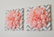 Load image into Gallery viewer, Wall Decor -Set Of Four Light Pink Dahlias on Gray and White Chevron 12 x12" Canvases Wall Art- 3D Felt Flower - Daisy Manor