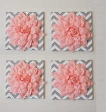 Load image into Gallery viewer, Wall Decor -Set Of Four Light Pink Dahlias on Gray and White Chevron 12 x12" Canvases Wall Art- 3D Felt Flower - Daisy Manor