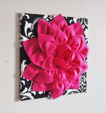 Load image into Gallery viewer, Hot Pink Dahlia on Black and White Zigzag Pillow -Chevron Pillow- - Daisy Manor