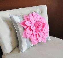 Load image into Gallery viewer, Two Wall Flowers -Light Pink Dahlias on Gray and White Stripe 12 x12" Canvas Baby Nursery Wall Art- - Daisy Manor