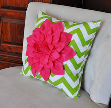 Load image into Gallery viewer, Three Hot Pink Dahlias on Green and White Chevron Canvases - Daisy Manor
