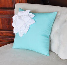 Load image into Gallery viewer, Two White Dahlia Flowers on Aqua 12 x 12 Canvases - Daisy Manor