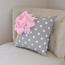 Load image into Gallery viewer, Decorative Light Pink Corner Dahlia on Gray Polka Dot Pillow - Daisy Manor