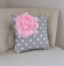 Load image into Gallery viewer, Decorative Light Pink Corner Dahlia on Gray Polka Dot Pillow - Daisy Manor