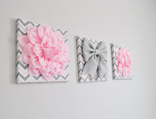 Load image into Gallery viewer, Set of Three Large Light Pink Dahlias and Gray Bow on Pink and Gray Chevron Canvases - Daisy Manor