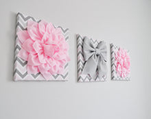 Load image into Gallery viewer, Set of Three Large Light Pink Dahlias and Gray Bow on Pink and Gray Chevron Canvases - Daisy Manor
