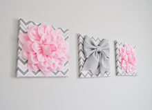 Load image into Gallery viewer, Set of Three Large Light Pink Dahlias and Gray Bow on Pink and Gray Chevron Canvases - Daisy Manor