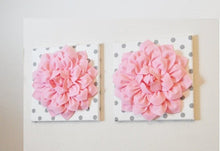 Load image into Gallery viewer, Two Wall Flowers -Light Pink Dahlia on White with Grey Polka Dots 12 x12" Canvas Wall Art- Baby Nursery Wall Decor- - Daisy Manor
