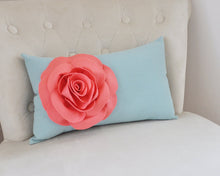 Load image into Gallery viewer, Light Coral Rose on Dusty Blue Lumbar Pillow -Decorative Pillow- - Daisy Manor