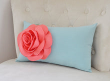 Load image into Gallery viewer, Light Coral Rose on Dusty Blue Lumbar Pillow -Decorative Pillow- - Daisy Manor