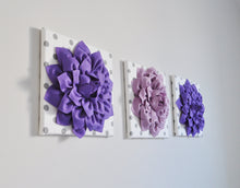 Load image into Gallery viewer, Wall Art -Set of Three Lavender and Lilac Dahlias White with Gray Polka Dot 12 x12" Canvas Wall Art - 3D Felt Flower - Daisy Manor