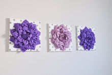 Load image into Gallery viewer, Wall Art -Set of Three Lavender and Lilac Dahlias White with Gray Polka Dot 12 x12" Canvas Wall Art - 3D Felt Flower - Daisy Manor
