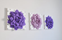 Load image into Gallery viewer, Wall Art -Set of Three Lavender and Lilac Dahlias White with Gray Polka Dot 12 x12" Canvas Wall Art - 3D Felt Flower - Daisy Manor