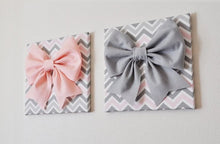 Load image into Gallery viewer, Set of Two Large Light Pink Bow and Large Grey Bow on Gray and White Chevron 12 x12" Canvas Wall Art- Baby Nursery Wall Dec - Daisy Manor