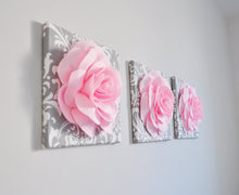 Load image into Gallery viewer, Trio Canvas Set Light Pink Roses on Gray and White Damask art Picture Decor for Bedroom - Daisy Manor