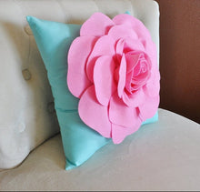 Load image into Gallery viewer, Throw Pillow Pink Rose on Bright Aqua Pillow 16 x 16 - Daisy Manor