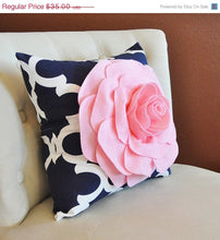 Load image into Gallery viewer, Light Pink Rose on Navy and White Moroccan Print Pillow -Moroccan Decorative Pillow- - Daisy Manor