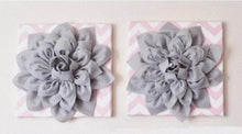 Load image into Gallery viewer, Two Flower Wall Decor -Gray Dahlias on Light Pink and White Chevron 12 x12" Canvases Wall Art- Baby Nursery Wall Decor- - Daisy Manor