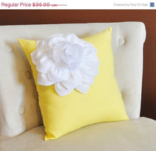 Load image into Gallery viewer, Yellow Decorative Pillow -- White Corner Flower on Yellow Pillow 14 X 14 - Nursery Decor Pillows - Daisy Manor