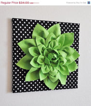 Load image into Gallery viewer, Wall Flower -Chartreuse Green Dahlia on Black and White Polka Dot 12 x12" Canvas Wall Art- 3D Felt Flower - Daisy Manor