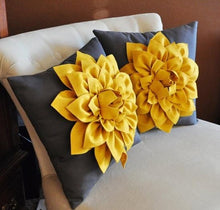 Load image into Gallery viewer, Two Decorative Flower Pillows -Mustard Yellow Dahlias on Charcoal Grey Pillows 14 X 14 - Daisy Manor