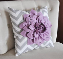 Load image into Gallery viewer, Lilac Dahlia on Gray and White Zigzag Pillow -Decorative Chevron Pillow- - Daisy Manor