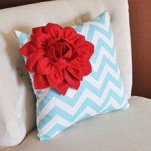 Load image into Gallery viewer, Red Corner Dahlia on Aqua and White Zigzag Pillow -Chevron Pillow- - Daisy Manor