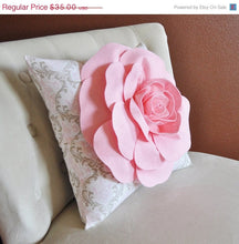 Load image into Gallery viewer, Light Pink Rose on Pink White and Taupe Damask Damask Pillow - Daisy Manor