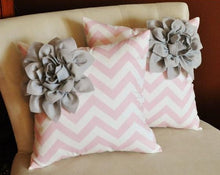 Load image into Gallery viewer, Two Decorative Pillows Gray Corner Dahlia on Light Pink and White Zigzag Pillows - Daisy Manor
