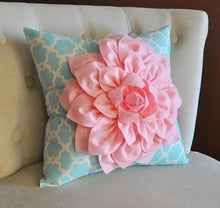 Load image into Gallery viewer, Light Pink Dahlia Flower on Blue Tarika Pillow Accent Pillow Throw Pillow Toss Pillow - Daisy Manor