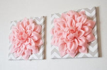 Load image into Gallery viewer, Two Wall Flowers -Light Pink Dahlia on Taupe and White Chevron 12 x12" Canvas Wall Art- Baby Nursery Wall Decor- - Daisy Manor