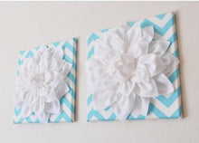 Load image into Gallery viewer, Two Wall Flowers - White Dahlia on Aqua and White Chevron 12 x12" Canvases Wall Art- Baby Nursery - Wall Decor- - Daisy Manor