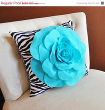 Load image into Gallery viewer, Light Turquoise Rose on Zebra Pillow 14x14 - Daisy Manor