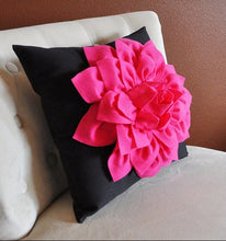 Load image into Gallery viewer, Pillows - Hot Pink Dahlia Flower on Black Pillow - Daisy Manor