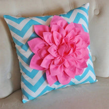 Load image into Gallery viewer, Pink Dahlia on Girly Blue and White Zigzag Pillow -Chevron Pillow- - Daisy Manor